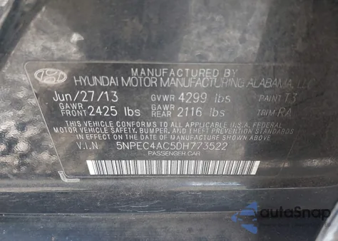 2013 Hyundai Sonata Se from USA, damaged, VIN 5NPEC4AC5DH773522